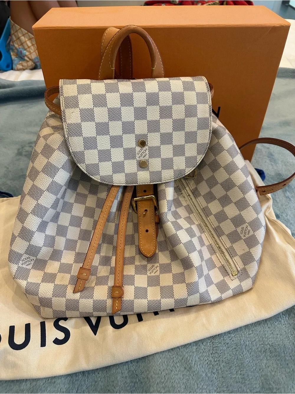 Louis Vuitton Damier Azur Check Canvas Backpack with Tan Leather Trim